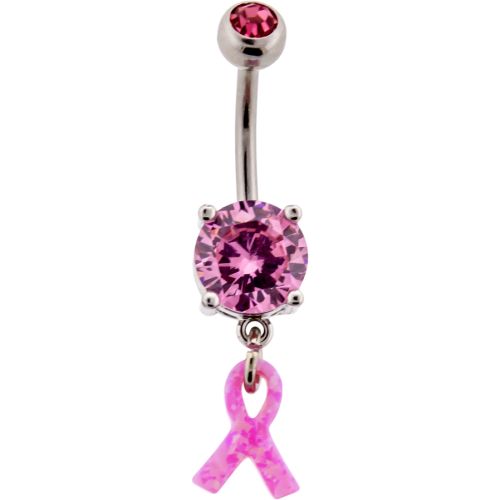 BREAST CANCER AWARENESS PINK OPAL RIBBON NAVEL RING-1.6MM (14G)-10MM (3/8")-PINK OPAL