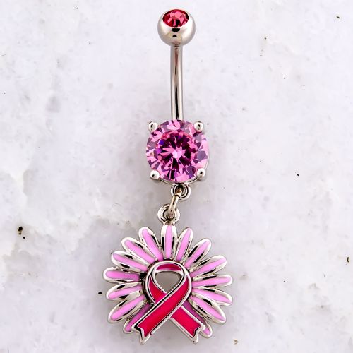 BREAST CANCER AWARENESS PINK AND PINK FLOWER NAVEL RING