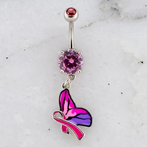 BREAST CANCER AWARENESS WITH PINK RIBBON AND BUTTERFLY NAVEL RING
