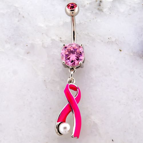 BREAST CANCER AWARENESS PINK RIBBON WITH PEARL NAVEL RING