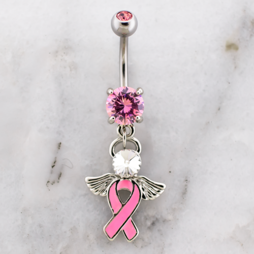 Breast Cancer Awareness Navel Ring With Angel Wings