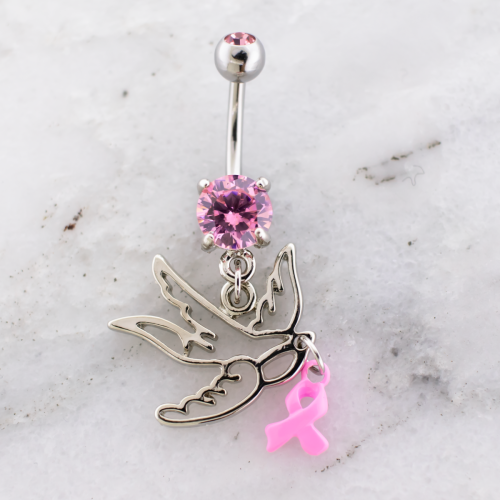 Breast Cancer Awareness Navel Ring With Sparrow