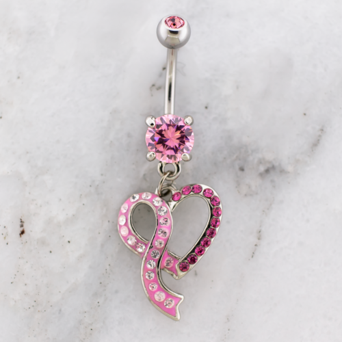 Breast Cancer Awareness Navel Ring With Heart And Ribbon