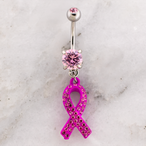 Breast Cancer Awareness Navel Ring With Pink Gem Ribbon