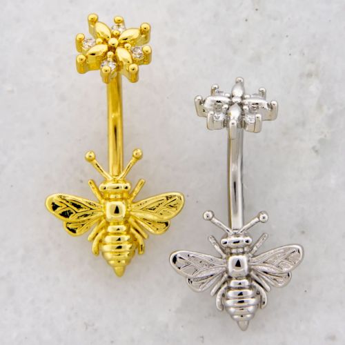 14G Curved Barbell Bee w/ Flower Top