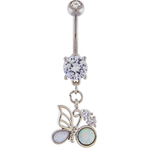 BUTTERFLY AND OPAL BALL NAVEL RING-CLEAR