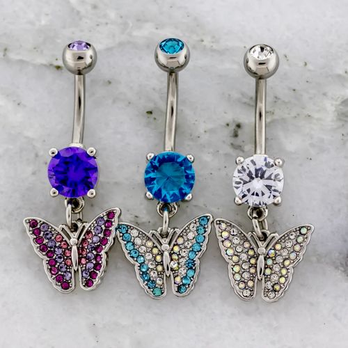 14G Navel Barbell w/ Prong Set Gem and Pave Butterfly