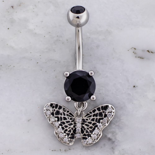 14G Navel Barbell w/ Spider Web Butterfly