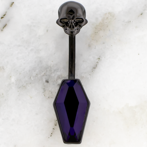 14G Navel Barbell w/ Skull Top and Coffin Gem