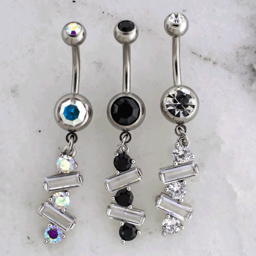 14G Navel Barbell w/ Cascading Baguette and Round Gems