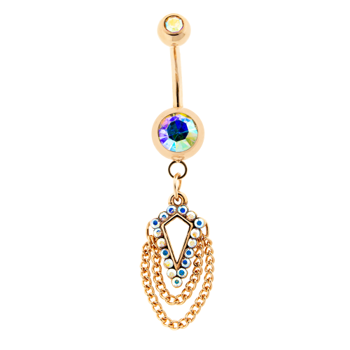 14G 3/8" 5mm X 8mm Navel Ring With  Dangling Czs In Diamond Shape With Chains-Ab