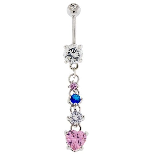 Dangling Gems With Pink Heart Gem Navel Ring