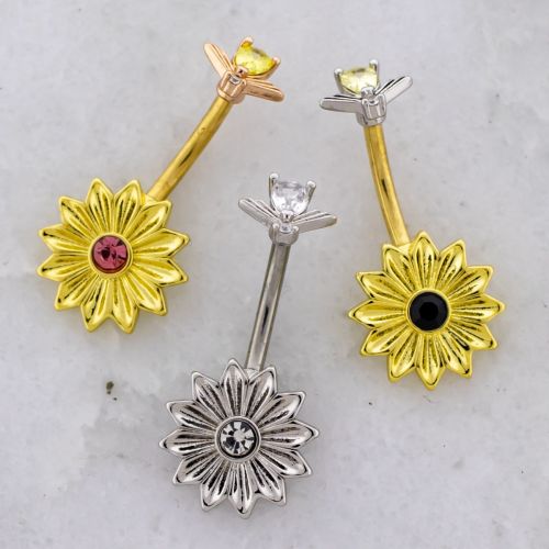 14G Curved Barbell Sunflower w/ Bee Top