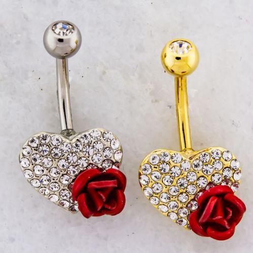 PAVE HEART WITH RED ROSE NAVEL RING