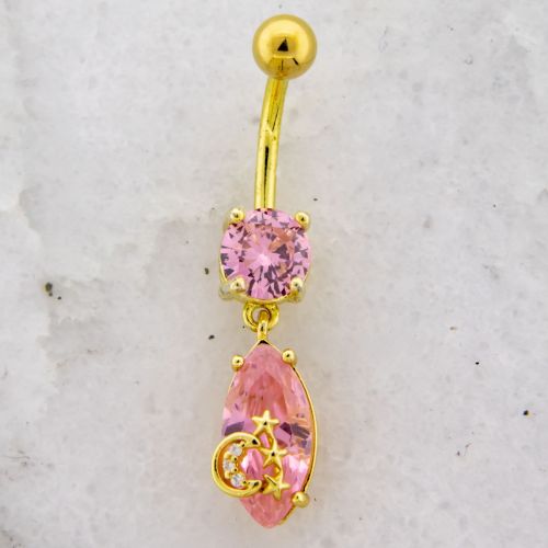 14G Navel Barbell Gold PVD Pink Gem w/ Moon and Stars