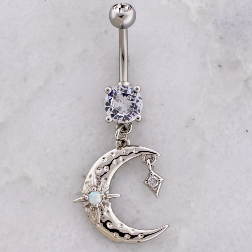 14G Navel Barbell w/ Crescent Moon and Star Dangle