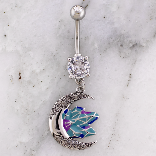 14G Navel Barbell w/ Floral Moon and Crystals