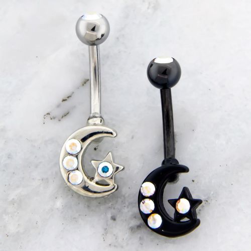14G 3/8" 5MM X 8MM NAVEL RING WITH  MOON AND STAR WITH GEMS