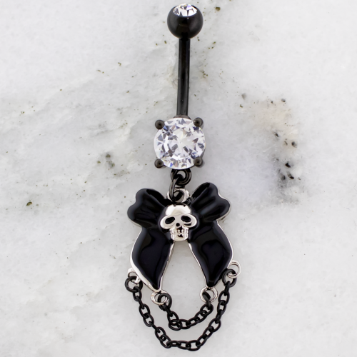 14G Navel Barbell w/ Skull Bow and Chain Dangle