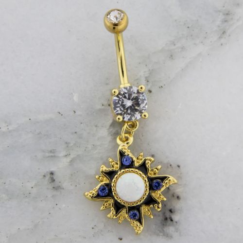 14G GOLD SUN WITH CENTER WHITE OPAL BELLY RING