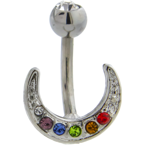 14G CRESCENT UNIVERSAL BELLY RING WITH GEMS-RAINBOW