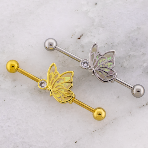 14G Industrial Barbell w/ Butterfly and Gem