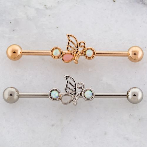 INDUSTRIAL BARBELL WITH WHITE OPAL AND BUTTERFLY