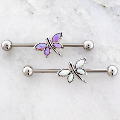 14G Industrial Barbell w/ Opal Winged Dragonfly