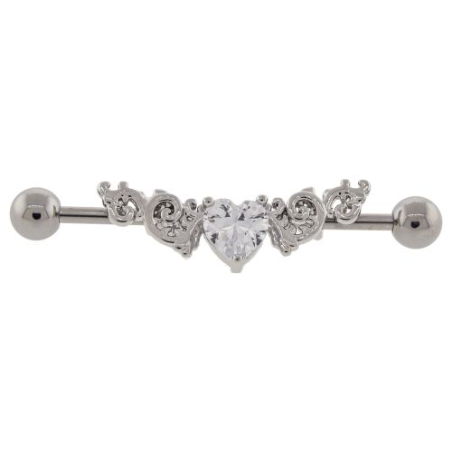 INDUSTRIAL BARBELL 316L 14G ADJUSTABLE FILIGREE WINGS WITH CLEAR CZ HEART CENTER PACKAGED ON A FULLY