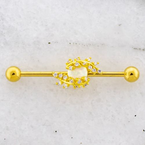 14G Industrial Bar Gold PVD Leaves w/ Opal Center