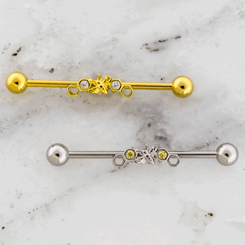 14G Industrial Barbell w/ Bee and Gem Honeycombs