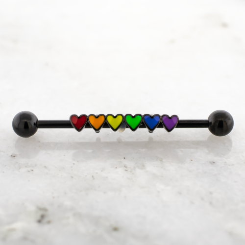14G PVD Industrial Barbell w/ Rainbow of Hearts