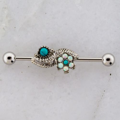 14G SYNTHETIC OPALS AND TURQUOSE STONE FLOWER AND LEAF INDUSTRIAL BARBELL