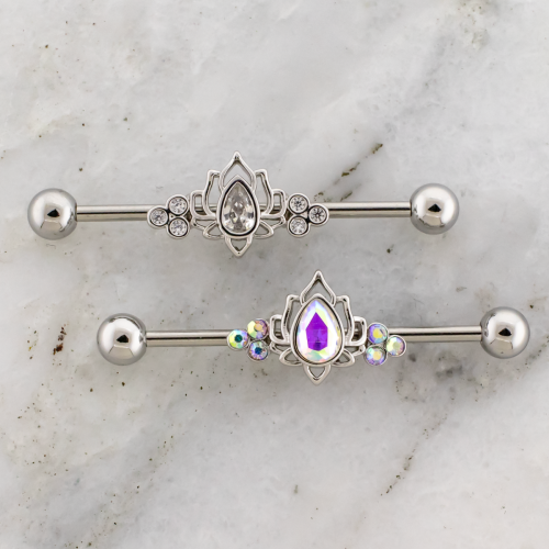 14G Industrial Barbell w/ Lotus and Gem Center