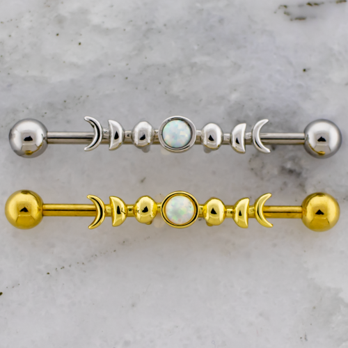 14G PVD Industrial Barbell w/ Moon Phases and Opal Center