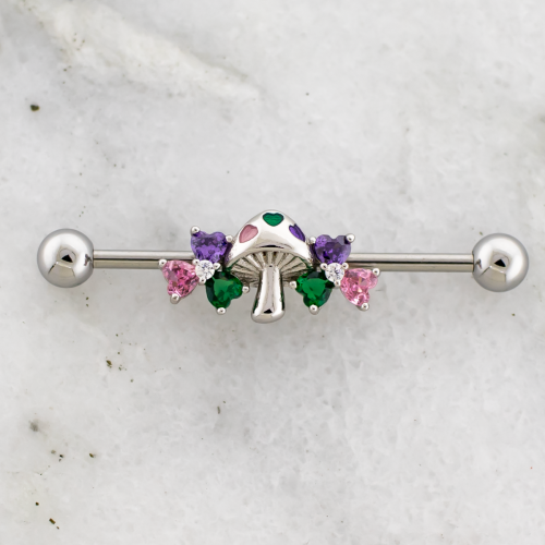 14G Industrial Barbell w/ Mushrooms and Gem Flowers
