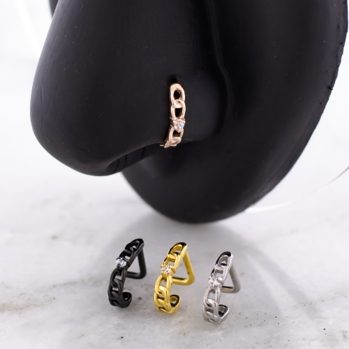 Steel Nose Curve w/ Chain Wrap and Prong Set Cubic Zirconia Center