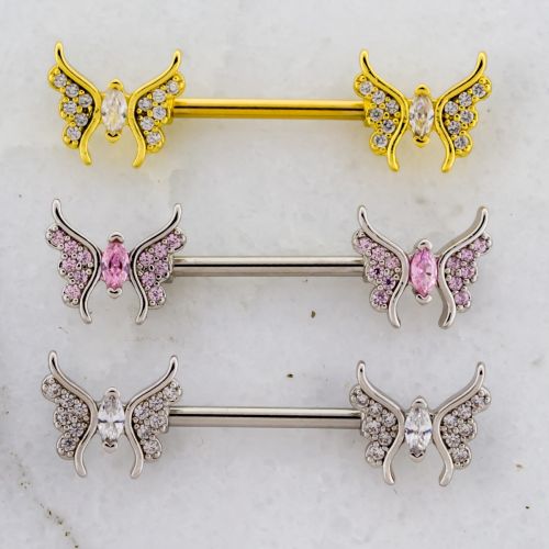 14G NIPPLE BARBELL WITH GEM BUTTERFLY