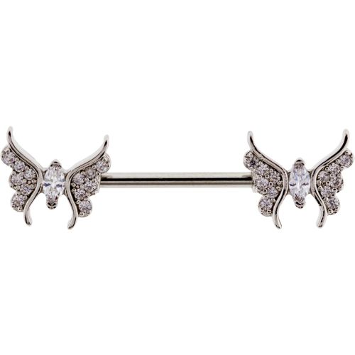 14G NIPPLE BARBELL WITH GEM BUTTERFLY-1.6MM (14G)-14MM (9/16")-HIGH POLISH-CLEAR