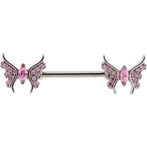 14G NIPPLE BARBELL WITH GEM BUTTERFLY-1.6MM (14G)-14MM (9/16")-HIGH POLISH-PINK