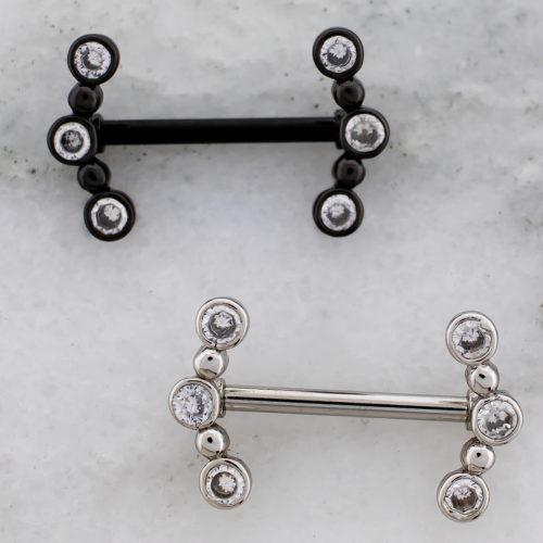 14G PVD Nipple Barbell w/ Beaded Gem Crescent Ends