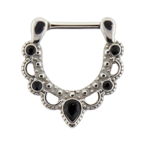 SEPTUM CLICKER WITH FILIGREE CUTOUT WITH GEMS-1.2MM (16G)-8MM (5/16")-BLACK