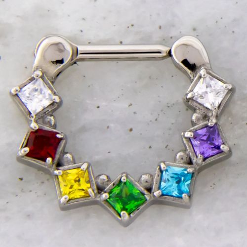 STEEL SEPTUM CLICKER WITH SQUARE GEMS-1.2MM (16G)-8MM (5/16")-RAINBOW