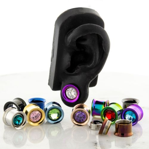 Pair 13mm Steel Internally Threaded Tunnel W/ Gem in the Middle