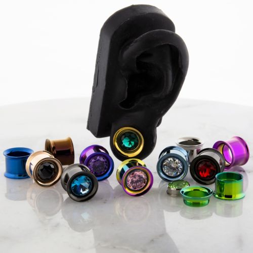 Pair 14mm Steel Internally Threaded Tunnel W/ Gem in the Middle