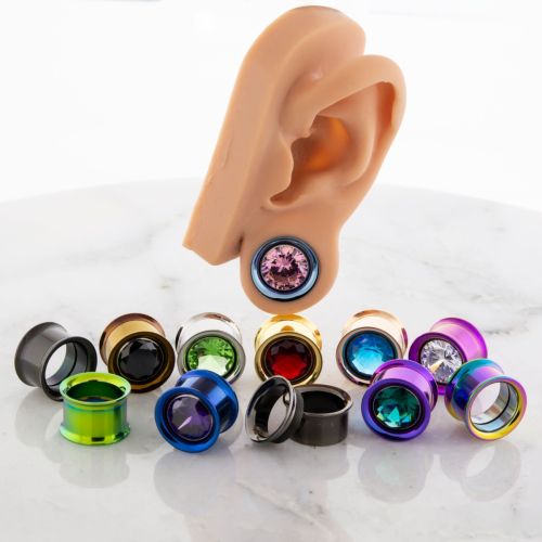 Pair 16mm Steel Internally Threaded Tunnel W/ Gem in the Middle