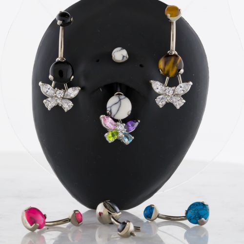 STEEL STONE CABOCHON NAVEL RING W/ GEMMED BUTTERFLY