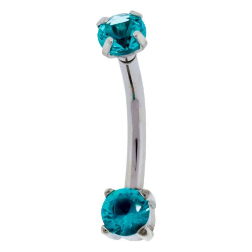 316L STEEL CRV 16G 3/8 INTERNALLY THREADED EYEBROW CURVE WITH DOUBLE PRONG SET FRONT FACING BLUE ZIRCON CUBIC ZIRCONIA