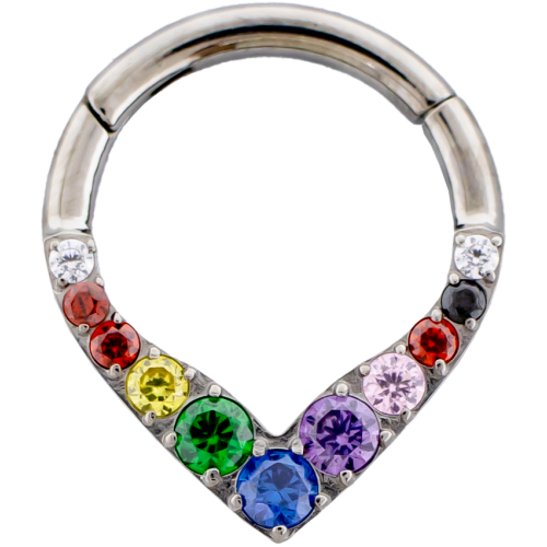 V shaped Titanium hinged segment ring with rainbow gems-1.2MM (16G)-8MM (5/16")-RAINBOW