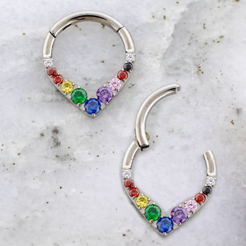 V shaped Titanium hinged segment ring with rainbow gems